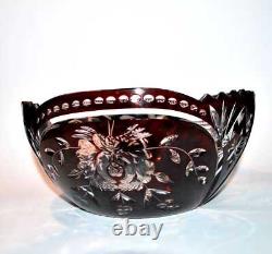 Coupe Saladier ancien en cristal doublé rouge bordeaux Overlay fleuri rose