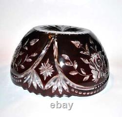 Coupe Saladier ancien en cristal doublé rouge bordeaux Overlay fleuri rose