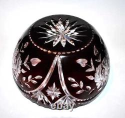 Coupe Saladier ancien en cristal doublé rouge bordeaux Overlay fleuri rose