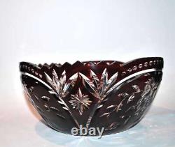 Coupe Saladier ancien en cristal doublé rouge bordeaux Overlay fleuri rose