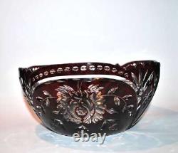 Coupe Saladier ancien en cristal doublé rouge bordeaux Overlay fleuri rose