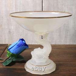 Coupe sur Pied Ancien en Verre de Opaline de Portieux Modèle Dauphin Doré Signé