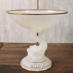 Coupe sur Pied Ancien en Verre de Opaline de Portieux Modèle Dauphin Doré Signé