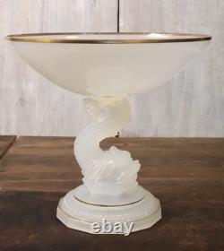 Coupe sur Pied Ancien en Verre de Opaline de Portieux Modèle Dauphin Doré Signé