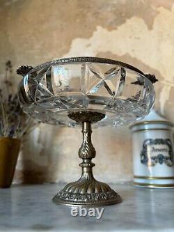 Coupe sur pied ancienne en laiton et verre cristal, Antique 19th Century