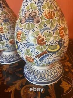 Delft Faience Ancienne Paire Grands Vases Décor Polychrome Fleurs Oiseaux