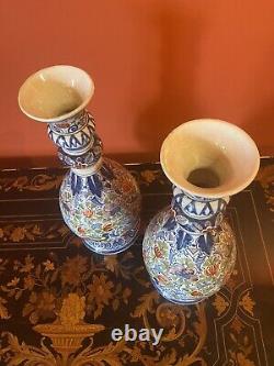 Delft Faience Ancienne Paire Grands Vases Décor Polychrome Fleurs Oiseaux