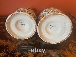 Delft Faience Ancienne Paire Grands Vases Décor Polychrome Fleurs Oiseaux