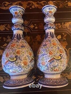 Delft Faience Ancienne Paire Grands Vases Décor Polychrome Fleurs Oiseaux