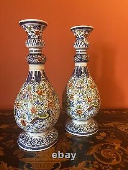 Delft Faience Ancienne Paire Grands Vases Décor Polychrome Fleurs Oiseaux