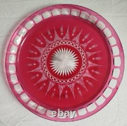 Diam 30 CM Grand Plateau Plat Ancien En Cristal Taillé De Baccarat Overlay Rose