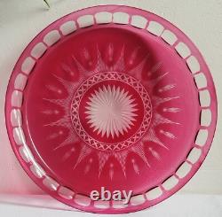 Diam 30 CM Grand Plateau Plat Ancien En Cristal Taillé De Baccarat Overlay Rose