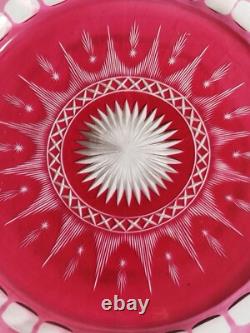 Diam 30 CM Grand Plateau Plat Ancien En Cristal Taillé De Baccarat Overlay Rose