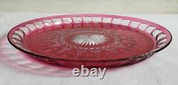 Diam 30 CM Grand Plateau Plat Ancien En Cristal Taillé De Baccarat Overlay Rose