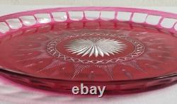 Diam 30 CM Grand Plateau Plat Ancien En Cristal Taillé De Baccarat Overlay Rose