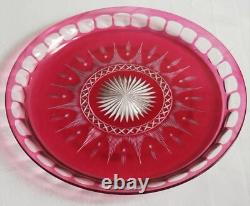 Diam 30 CM Grand Plateau Plat Ancien En Cristal Taillé De Baccarat Overlay Rose