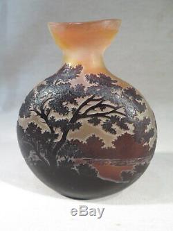 Galle Ancien Vase Gourde Decor Paysage Bord De L'eau Epoque Art Nouveau 1900