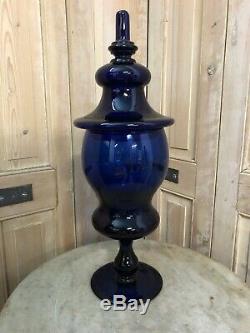 Grand Pot a Pharmacie Couvert Bleu Cristal Verre Ancien Napoléon III XIXeme