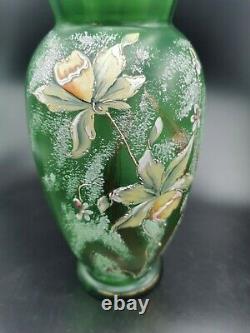 Grand Vase Ancien Verre Vert Emaille Fleurs Narcisse Art Nouveau Legras 1900