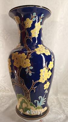 Grand vase ancien en céramique Bleu motif fleurs