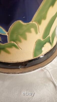 Grand vase ancien en céramique Bleu motif fleurs