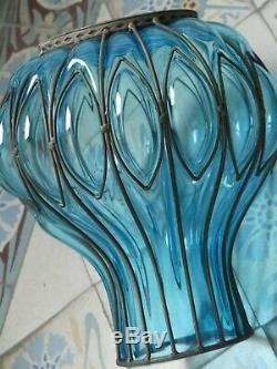 Imposant Vase Ancien Style Medieval Verre Bleu Soufflé à Splendides Finition Fer