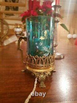 Lampe en verre émaillée ancienne, rat de cave monture bronze