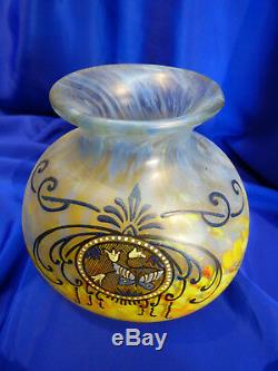 Legras, Vase Ancien En Pte De Verre Marmoreen Decor Email Papillon Ref 5496