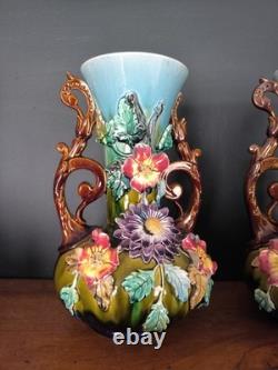 Lot De 2 Anciens Vases Barbotine