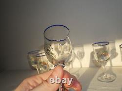 Lot de 6 anciens verres en cristal de Sèvres émaillées panier fruit fleur bleu