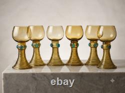 Lot de 6 verres Roemer anciens en verre soufflé ambré / olive H 15,5 cm