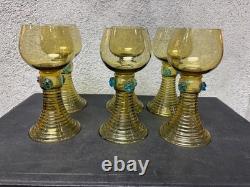 Lot de 6 verres Roemer anciens en verre soufflé ambré / olive H 15,5 cm