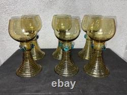 Lot de 6 verres Roemer anciens en verre soufflé ambré / olive H 15,5 cm