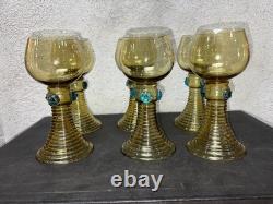 Lot de 6 verres Roemer anciens en verre soufflé ambré / olive H 15,5 cm