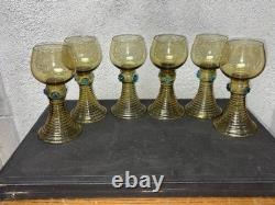 Lot de 6 verres Roemer anciens en verre soufflé ambré / olive H 15,5 cm