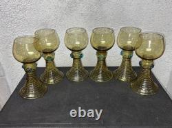 Lot de 6 verres Roemer anciens en verre soufflé ambré / olive H 15,5 cm