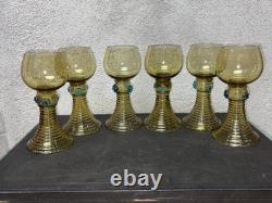 Lot de 6 verres Roemer anciens en verre soufflé ambré / olive H 15,5 cm