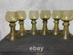 Lot de 6 verres Roemer anciens en verre soufflé ambré / olive H 15,5 cm