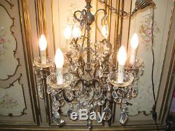 Lustre Ancien En Laiton Style Marie Antoinette Cristal Et Verre-6 Lampes-n°to63