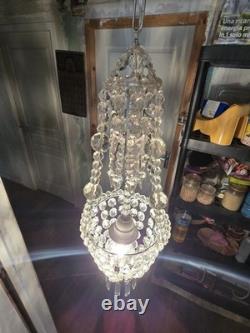 Lustre Pampilles Cristal Corbeille Ancien