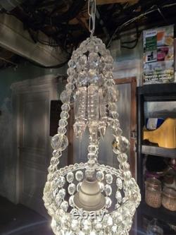 Lustre Pampilles Cristal Corbeille Ancien