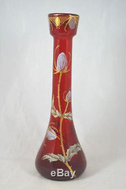Magnifique Ancien Grand Vase Emaille Legras Decor Chardon
