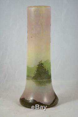 Magnifique Ancien Vase Degage A L'acide Legras Decor Sapin