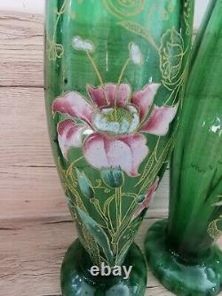 Montjoye Legras Rare Paire Vases Anciens Verre Vert Emaille Fleurs Art Nouveau