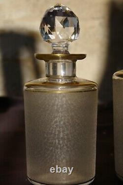Paire 2 beaux anciens flacons à parfum en cristal givré de St Louis réhaussés or