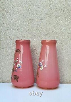 Paire De Vases Ancien Opaline Peint Main