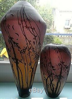Paire Vases Anciens / Art Nouveau / Pate De Verre Decor Floral 50 Et 30 CM