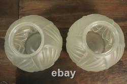 Paire de Vase Ancien en Verre Moulé Pressé Satiné Art Déco Géometrique c1930