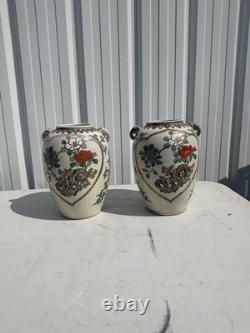 Paire de grands vases anciens en céramique décor oiseaux (Japon)
