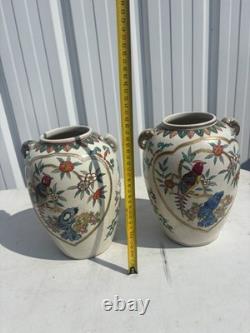 Paire de grands vases anciens en céramique décor oiseaux (Japon)